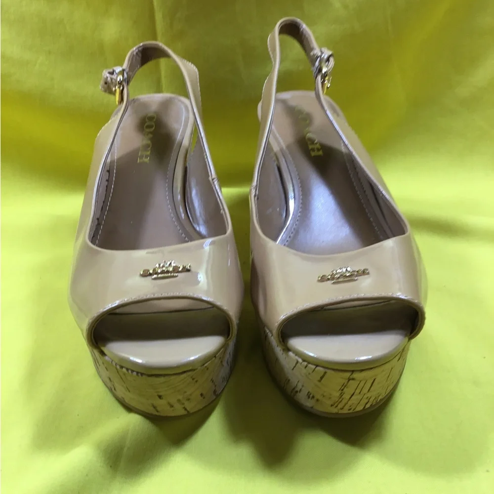 Coach Nude Patent Peep-Toe Wedge Slingbacks